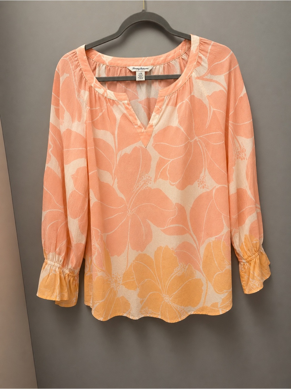 Tommy Bahama Peach, Floral Blouse with Flounce Cuff Sleeves. - Picture 3 of 5